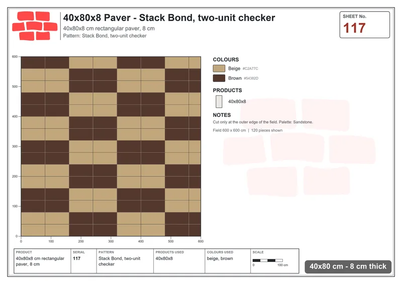 Interlock (Pasco) 40x80 cm · RC48-117 · Stack Bond, two-unit checker · Laying plan Interlock (Pasco) 40x80 cm · RC48-117 · Stack Bond, two-unit checker · Laying plan