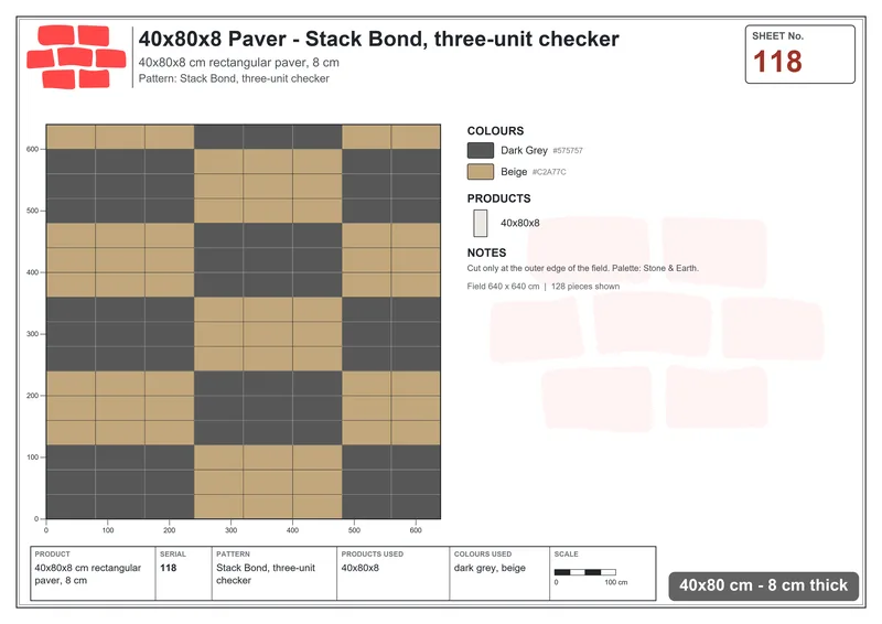 Interlock (Pasco) 40x80 cm · RC48-118 · Stack Bond, three-unit checker · Laying plan Interlock (Pasco) 40x80 cm · RC48-118 · Stack Bond, three-unit checker · Laying plan