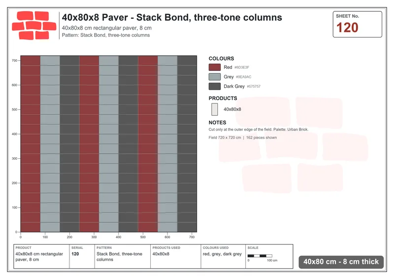 Interlock (Pasco) 40x80 cm · RC48-120 · Stack Bond, three-tone columns · Laying plan Interlock (Pasco) 40x80 cm · RC48-120 · Stack Bond, three-tone columns · Laying plan
