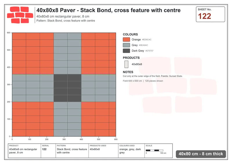 Interlock (Pasco) 40x80 cm · RC48-122 · Stack Bond, cross feature with centre · Laying plan Interlock (Pasco) 40x80 cm · RC48-122 · Stack Bond, cross feature with centre · Laying plan