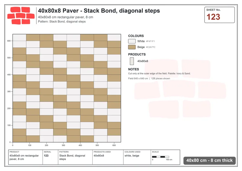 Interlock (Pasco) 40x80 cm · RC48-123 · Stack Bond, diagonal steps · Laying plan Interlock (Pasco) 40x80 cm · RC48-123 · Stack Bond, diagonal steps · Laying plan