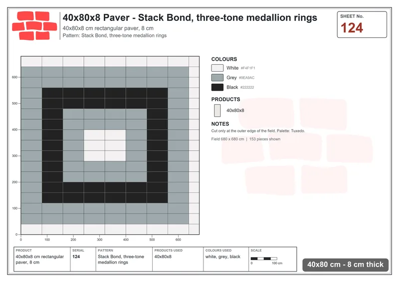 Interlock (Pasco) 40x80 cm · RC48-124 · Stack Bond, three-tone medallion rings · Laying plan Interlock (Pasco) 40x80 cm · RC48-124 · Stack Bond, three-tone medallion rings · Laying plan