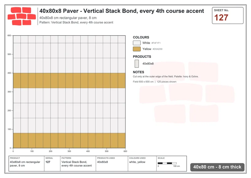 Interlock (Pasco) 40x80 cm · RC48-127 · Vertical Stack Bond, every 4th course accent · Laying plan Interlock (Pasco) 40x80 cm · RC48-127 · Vertical Stack Bond, every 4th course accent · Laying plan