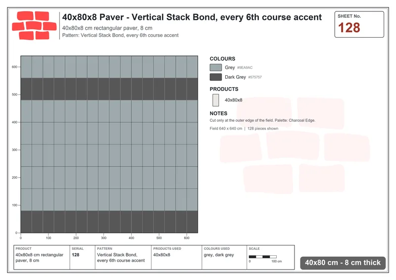 Interlock (Pasco) 40x80 cm · RC48-128 · Vertical Stack Bond, every 6th course accent · Laying plan Interlock (Pasco) 40x80 cm · RC48-128 · Vertical Stack Bond, every 6th course accent · Laying plan