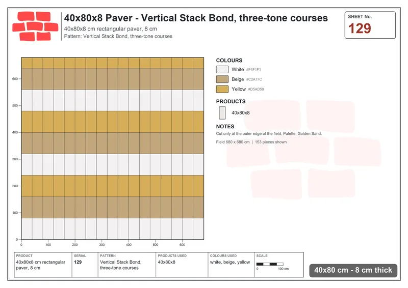 Interlock (Pasco) 40x80 cm · RC48-129 · Vertical Stack Bond, three-tone courses · Laying plan Interlock (Pasco) 40x80 cm · RC48-129 · Vertical Stack Bond, three-tone courses · Laying plan