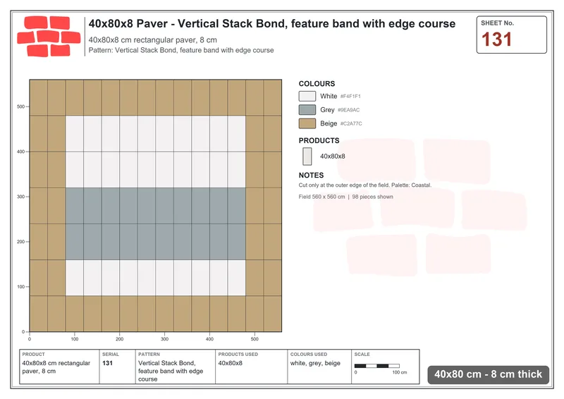 Interlock (Pasco) 40x80 cm · RC48-131 · Vertical Stack Bond, feature band with edge course · Laying plan Interlock (Pasco) 40x80 cm · RC48-131 · Vertical Stack Bond, feature band with edge course · Laying plan