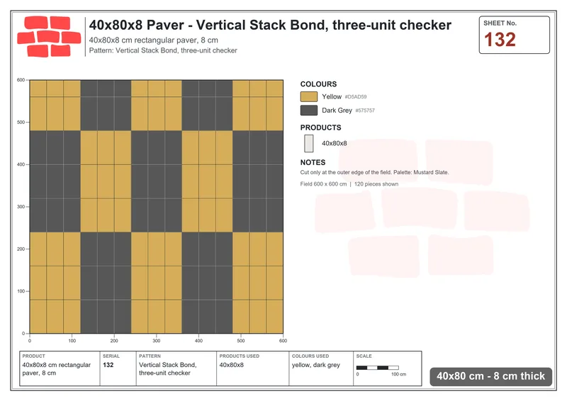 Interlock (Pasco) 40x80 cm · RC48-132 · Vertical Stack Bond, three-unit checker · Laying plan Interlock (Pasco) 40x80 cm · RC48-132 · Vertical Stack Bond, three-unit checker · Laying plan