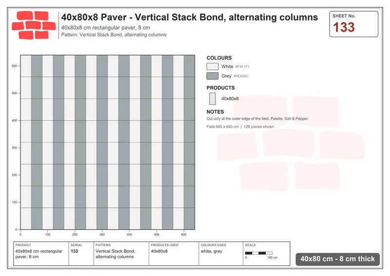 Interlock (Pasco) 40x80 cm · RC48-133 · Vertical Stack Bond, alternating columns · Laying plan Interlock (Pasco) 40x80 cm · RC48-133 · Vertical Stack Bond, alternating columns · Laying plan