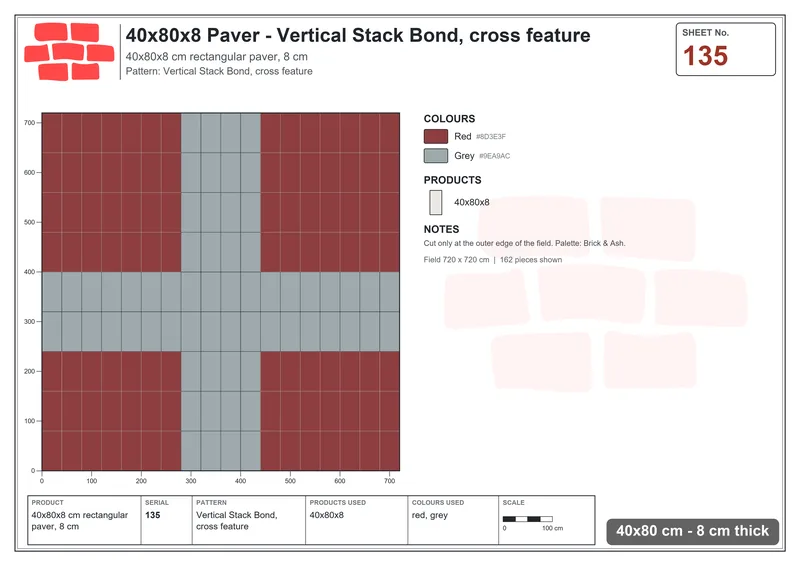 Interlock (Pasco) 40x80 cm · RC48-135 · Vertical Stack Bond, cross feature · Laying plan Interlock (Pasco) 40x80 cm · RC48-135 · Vertical Stack Bond, cross feature · Laying plan