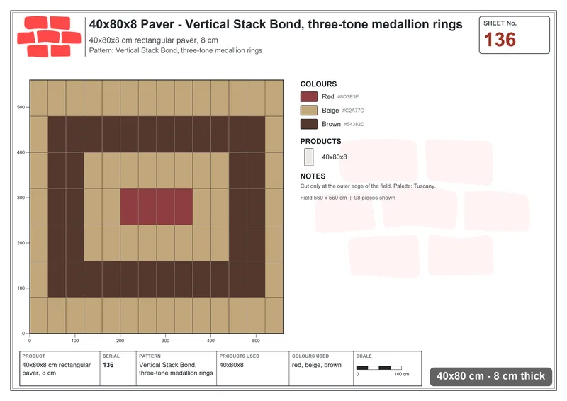Interlock (Pasco) 40x80 cm · RC48-136 · Vertical Stack Bond, three-tone medallion rings · Laying plan Interlock (Pasco) 40x80 cm · RC48-136 · Vertical Stack Bond, three-tone medallion rings · Laying plan