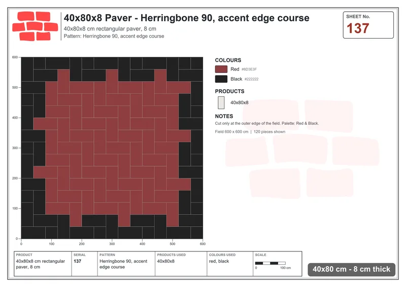 Interlock (Pasco) 40x80 cm · RC48-137 · Herringbone 90, accent edge course · Laying plan Interlock (Pasco) 40x80 cm · RC48-137 · Herringbone 90, accent edge course · Laying plan