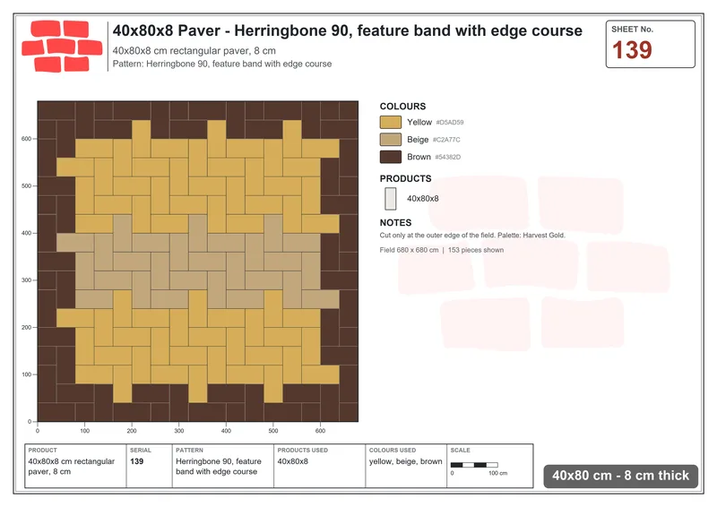 Interlock (Pasco) 40x80 cm · RC48-139 · Herringbone 90, feature band with edge course · Laying plan Interlock (Pasco) 40x80 cm · RC48-139 · Herringbone 90, feature band with edge course · Laying plan
