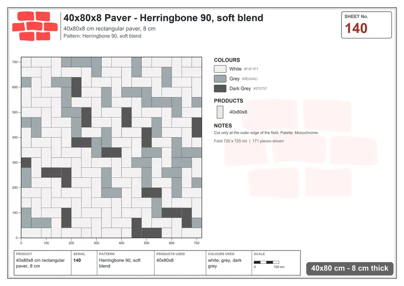 Interlock (Pasco) 40x80 cm · RC48-140 · Herringbone 90, soft blend · Laying plan Interlock (Pasco) 40x80 cm · RC48-140 · Herringbone 90, soft blend · Laying plan