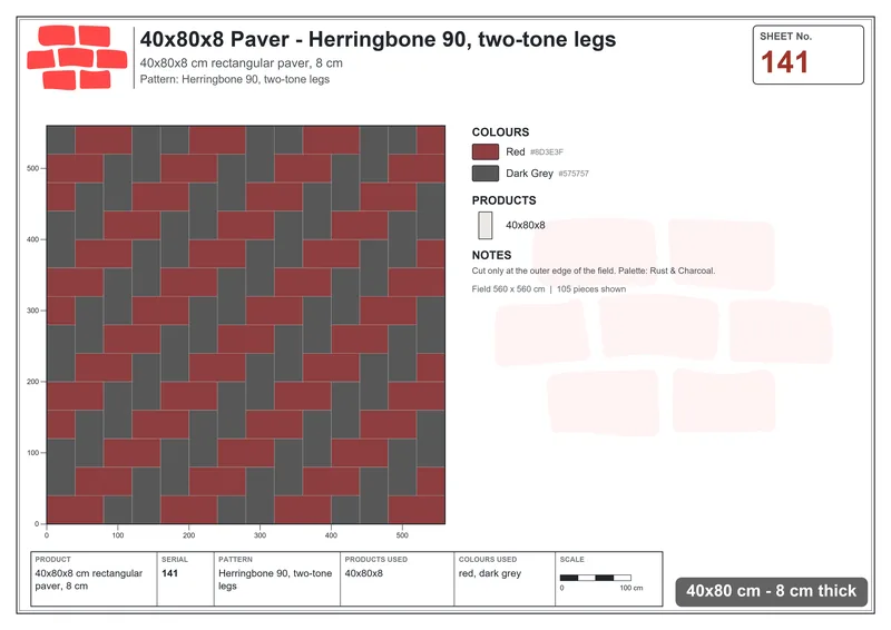 Interlock (Pasco) 40x80 cm · RC48-141 · Herringbone 90, two-tone legs · Laying plan Interlock (Pasco) 40x80 cm · RC48-141 · Herringbone 90, two-tone legs · Laying plan