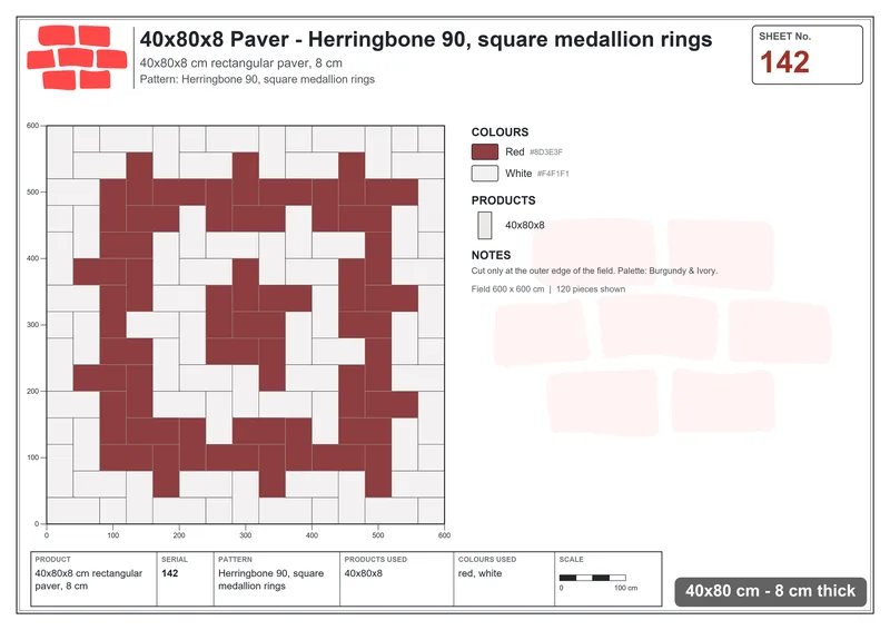 Interlock (Pasco) 40x80 cm · RC48-142 · Herringbone 90, square medallion rings · Laying plan Interlock (Pasco) 40x80 cm · RC48-142 · Herringbone 90, square medallion rings · Laying plan