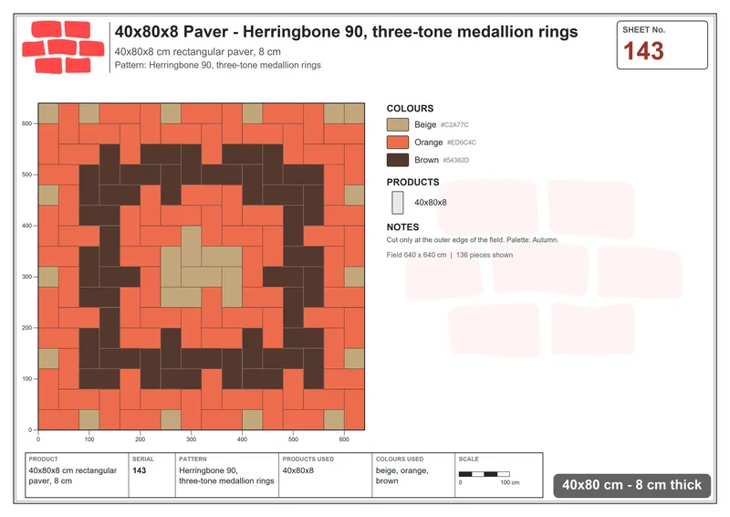 Interlock (Pasco) 40x80 cm · RC48-143 · Herringbone 90, three-tone medallion rings · Laying plan Interlock (Pasco) 40x80 cm · RC48-143 · Herringbone 90, three-tone medallion rings · Laying plan
