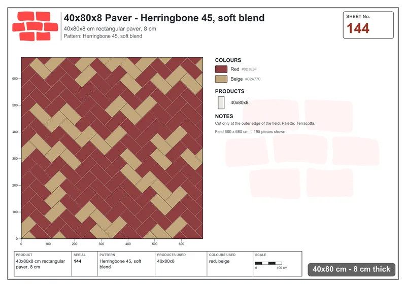 Interlock (Pasco) 40x80 cm · RC48-144 · Herringbone 45, soft blend · Laying plan Interlock (Pasco) 40x80 cm · RC48-144 · Herringbone 45, soft blend · Laying plan