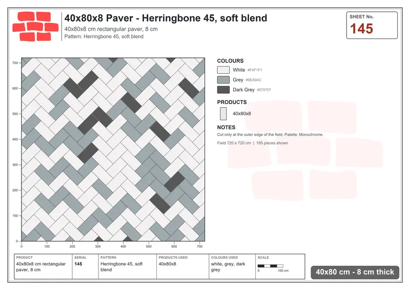 Interlock (Pasco) 40x80 cm · RC48-145 · Herringbone 45, soft blend · Laying plan Interlock (Pasco) 40x80 cm · RC48-145 · Herringbone 45, soft blend · Laying plan