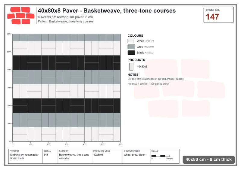 Interlock (Pasco) 40x80 cm · RC48-147 · Basketweave, three-tone courses · Laying plan Interlock (Pasco) 40x80 cm · RC48-147 · Basketweave, three-tone courses · Laying plan