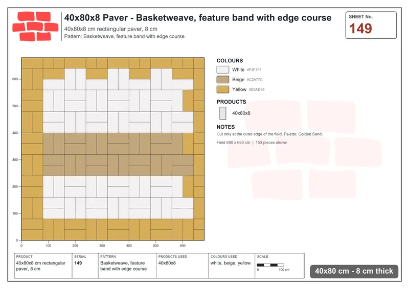 Interlock (Pasco) 40x80 cm · RC48-149 · Basketweave, feature band with edge course · Laying plan Interlock (Pasco) 40x80 cm · RC48-149 · Basketweave, feature band with edge course · Laying plan