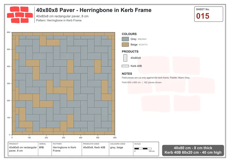 Interlock (Pasco) 40x80 cm · RC48-15 · Herringbone in Kerb Frame · Laying plan Interlock (Pasco) 40x80 cm · RC48-15 · Herringbone in Kerb Frame · Laying plan