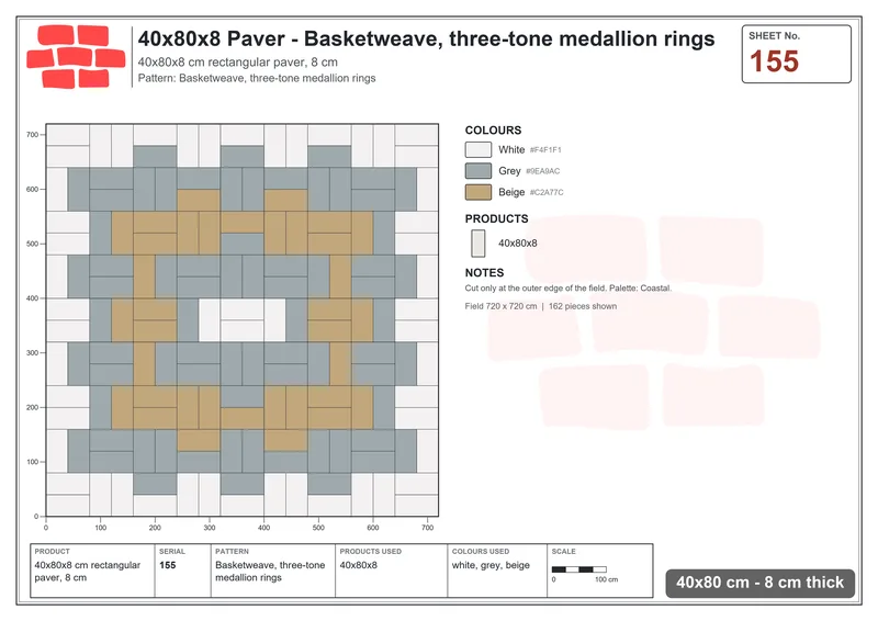 Interlock (Pasco) 40x80 cm · RC48-155 · Basketweave, three-tone medallion rings · Laying plan Interlock (Pasco) 40x80 cm · RC48-155 · Basketweave, three-tone medallion rings · Laying plan