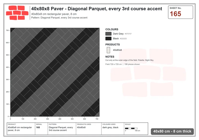 Interlock (Pasco) 40x80 cm · RC48-165 · Diagonal Parquet, every 3rd course accent · Laying plan Interlock (Pasco) 40x80 cm · RC48-165 · Diagonal Parquet, every 3rd course accent · Laying plan