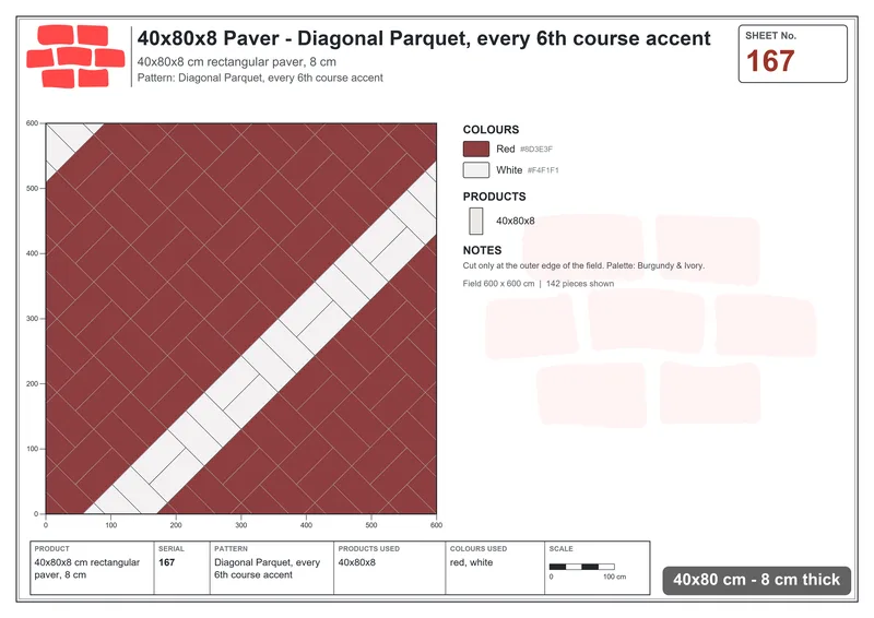 Interlock (Pasco) 40x80 cm · RC48-167 · Diagonal Parquet, every 6th course accent · Laying plan Interlock (Pasco) 40x80 cm · RC48-167 · Diagonal Parquet, every 6th course accent · Laying plan