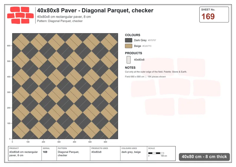 Interlock (Pasco) 40x80 cm · RC48-169 · Diagonal Parquet, checker · Laying plan Interlock (Pasco) 40x80 cm · RC48-169 · Diagonal Parquet, checker · Laying plan