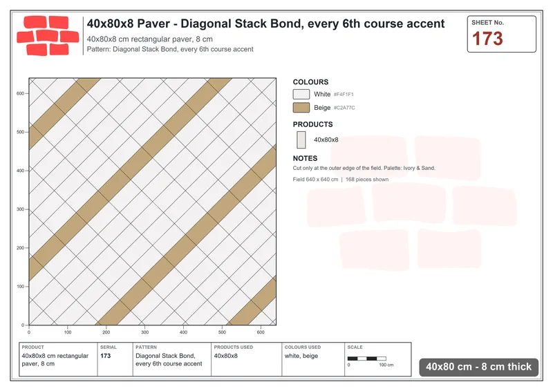 Interlock (Pasco) 40x80 cm · RC48-173 · Diagonal Stack Bond, every 6th course accent · Laying plan Interlock (Pasco) 40x80 cm · RC48-173 · Diagonal Stack Bond, every 6th course accent · Laying plan