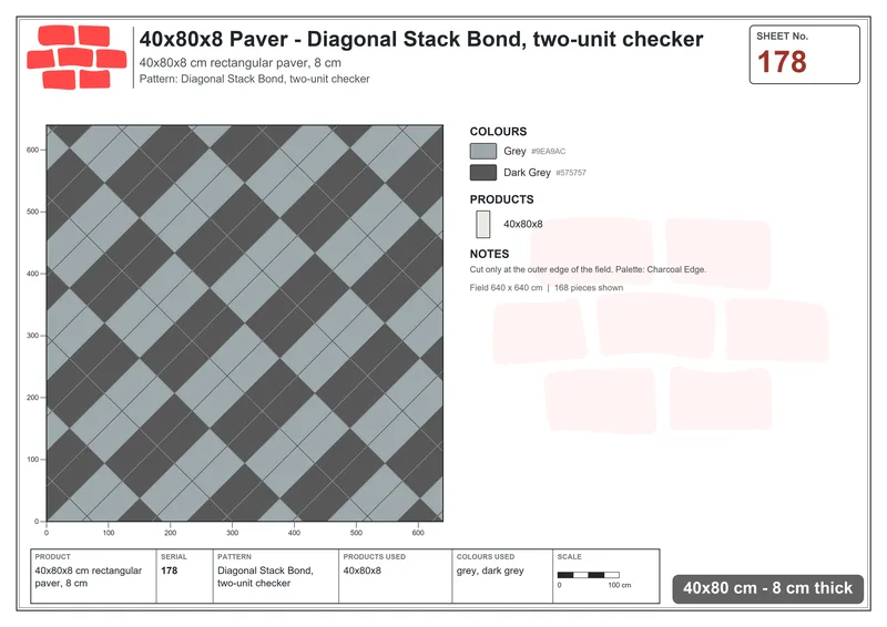 Interlock (Pasco) 40x80 cm · RC48-178 · Diagonal Stack Bond, two-unit checker · Laying plan Interlock (Pasco) 40x80 cm · RC48-178 · Diagonal Stack Bond, two-unit checker · Laying plan