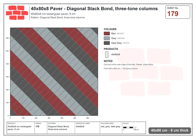 Interlock (Pasco) 40x80 cm · RC48-179 · Diagonal Stack Bond, three-tone columns · Laying plan Interlock (Pasco) 40x80 cm · RC48-179 · Diagonal Stack Bond, three-tone columns · Laying plan