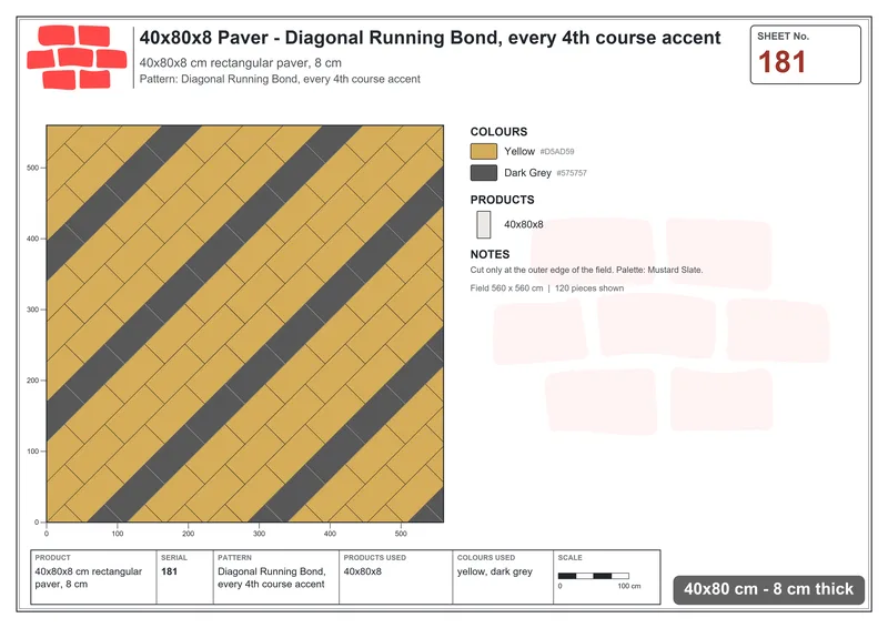Interlock (Pasco) 40x80 cm · RC48-181 · Diagonal Running Bond, every 4th course accent · Laying plan Interlock (Pasco) 40x80 cm · RC48-181 · Diagonal Running Bond, every 4th course accent · Laying plan