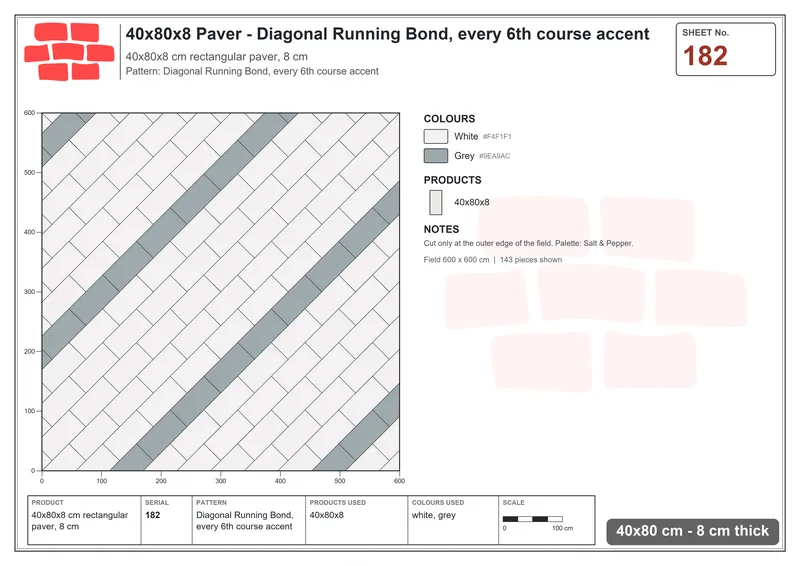 Interlock (Pasco) 40x80 cm · RC48-182 · Diagonal Running Bond, every 6th course accent · Laying plan Interlock (Pasco) 40x80 cm · RC48-182 · Diagonal Running Bond, every 6th course accent · Laying plan