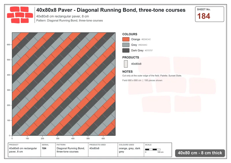 Interlock (Pasco) 40x80 cm · RC48-184 · Diagonal Running Bond, three-tone courses · Laying plan Interlock (Pasco) 40x80 cm · RC48-184 · Diagonal Running Bond, three-tone courses · Laying plan