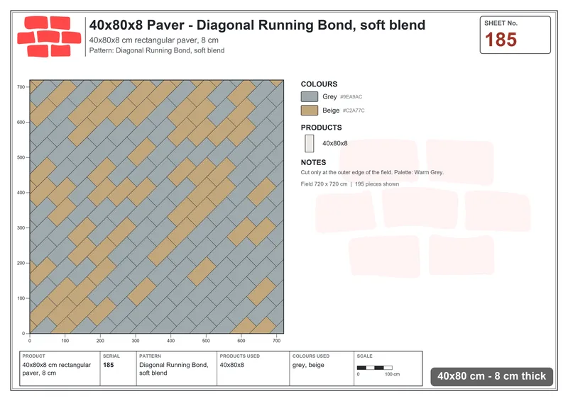 Interlock (Pasco) 40x80 cm · RC48-185 · Diagonal Running Bond, soft blend · Laying plan Interlock (Pasco) 40x80 cm · RC48-185 · Diagonal Running Bond, soft blend · Laying plan