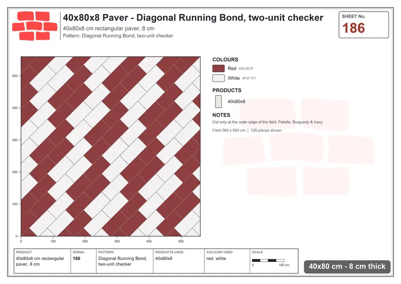 Interlock (Pasco) 40x80 cm · RC48-186 · Diagonal Running Bond, two-unit checker · Laying plan Interlock (Pasco) 40x80 cm · RC48-186 · Diagonal Running Bond, two-unit checker · Laying plan