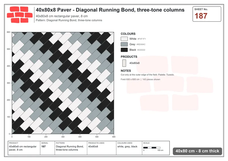 Interlock (Pasco) 40x80 cm · RC48-187 · Diagonal Running Bond, three-tone columns · Laying plan Interlock (Pasco) 40x80 cm · RC48-187 · Diagonal Running Bond, three-tone columns · Laying plan