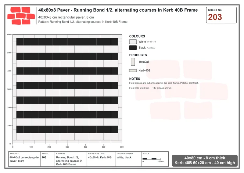 Interlock (Pasco) 40x80 cm · RC48-203 · Running Bond 1/2, alternating courses in Kerb 40B Frame · Laying plan Interlock (Pasco) 40x80 cm · RC48-203 · Running Bond 1/2, alternating courses in Kerb 40B Frame · Laying plan