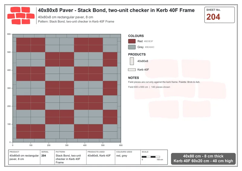 Interlock (Pasco) 40x80 cm · RC48-204 · Stack Bond, two-unit checker in Kerb 40F Frame · Laying plan Interlock (Pasco) 40x80 cm · RC48-204 · Stack Bond, two-unit checker in Kerb 40F Frame · Laying plan