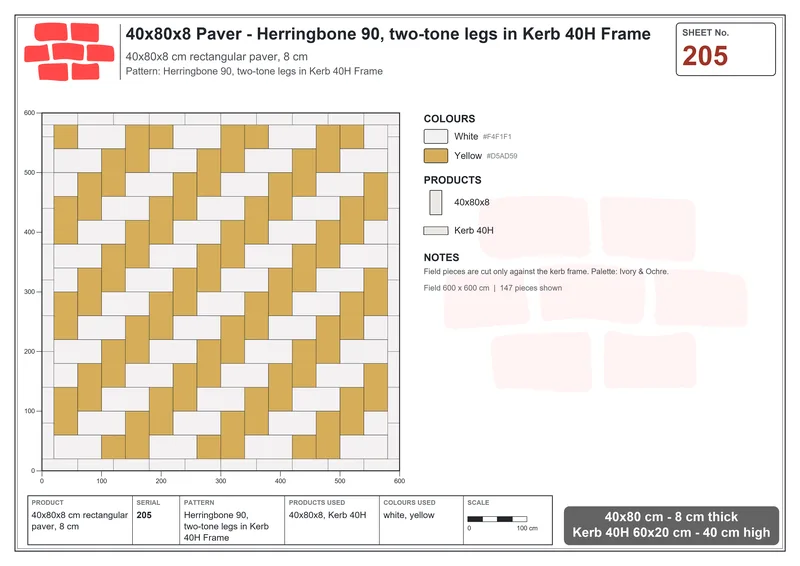 Interlock (Pasco) 40x80 cm · RC48-205 · Herringbone 90, two-tone legs in Kerb 40H Frame · Laying plan Interlock (Pasco) 40x80 cm · RC48-205 · Herringbone 90, two-tone legs in Kerb 40H Frame · Laying plan