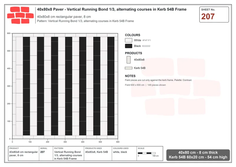 Interlock (Pasco) 40x80 cm · RC48-207 · Vertical Running Bond 1/3, alternating courses in Kerb 54B Frame · Laying plan Interlock (Pasco) 40x80 cm · RC48-207 · Vertical Running Bond 1/3, alternating courses in Kerb 54B Frame · Laying plan