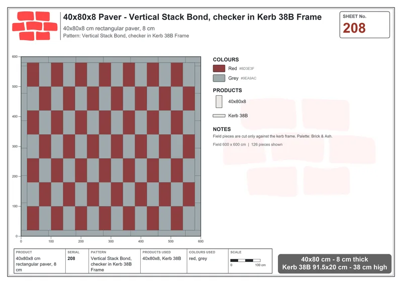 Interlock (Pasco) 40x80 cm · RC48-208 · Vertical Stack Bond, checker in Kerb 38B Frame · Laying plan Interlock (Pasco) 40x80 cm · RC48-208 · Vertical Stack Bond, checker in Kerb 38B Frame · Laying plan