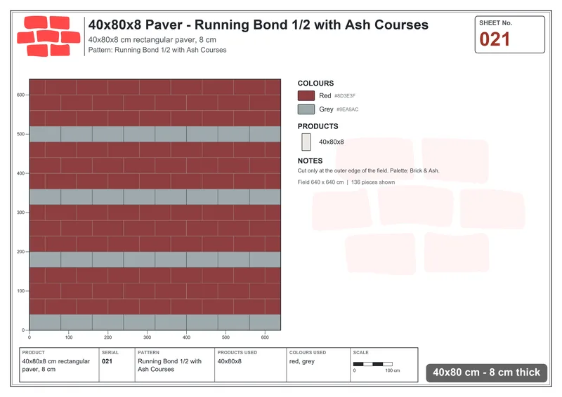 Interlock (Pasco) 40x80 cm · RC48-21 · Running Bond 1/2 with Ash Courses · Laying plan Interlock (Pasco) 40x80 cm · RC48-21 · Running Bond 1/2 with Ash Courses · Laying plan