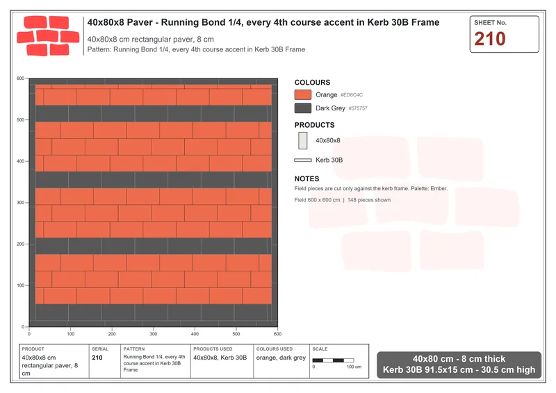 Interlock (Pasco) 40x80 cm · RC48-210 · Running Bond 1/4, every 4th course accent in Kerb 30B Frame · Laying plan Interlock (Pasco) 40x80 cm · RC48-210 · Running Bond 1/4, every 4th course accent in Kerb 30B Frame · Laying plan