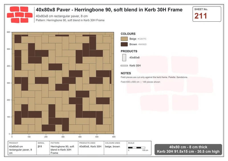 Interlock (Pasco) 40x80 cm · RC48-211 · Herringbone 90, soft blend in Kerb 30H Frame · Laying plan Interlock (Pasco) 40x80 cm · RC48-211 · Herringbone 90, soft blend in Kerb 30H Frame · Laying plan