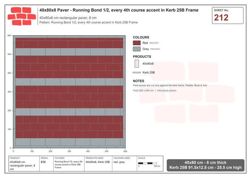 Interlock (Pasco) 40x80 cm · RC48-212 · Running Bond 1/2, every 4th course accent in Kerb 25B Frame · Laying plan Interlock (Pasco) 40x80 cm · RC48-212 · Running Bond 1/2, every 4th course accent in Kerb 25B Frame · Laying plan