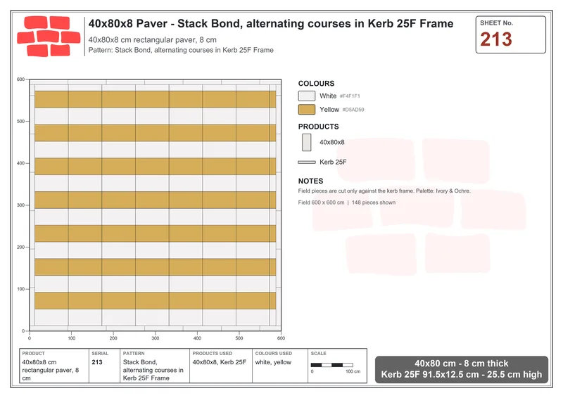 Interlock (Pasco) 40x80 cm · RC48-213 · Stack Bond, alternating courses in Kerb 25F Frame · Laying plan Interlock (Pasco) 40x80 cm · RC48-213 · Stack Bond, alternating courses in Kerb 25F Frame · Laying plan