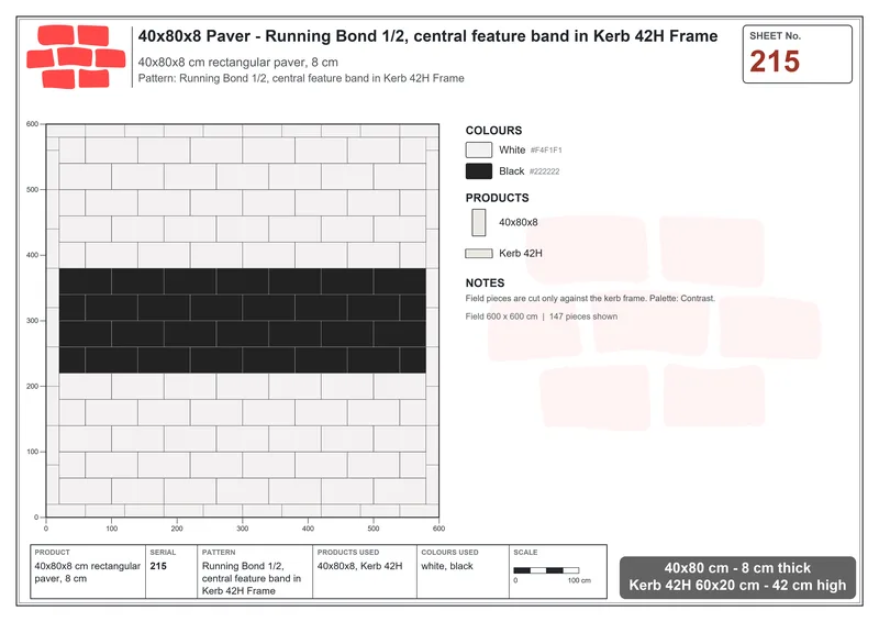 Interlock (Pasco) 40x80 cm · RC48-215 · Running Bond 1/2, central feature band in Kerb 42H Frame · Laying plan Interlock (Pasco) 40x80 cm · RC48-215 · Running Bond 1/2, central feature band in Kerb 42H Frame · Laying plan