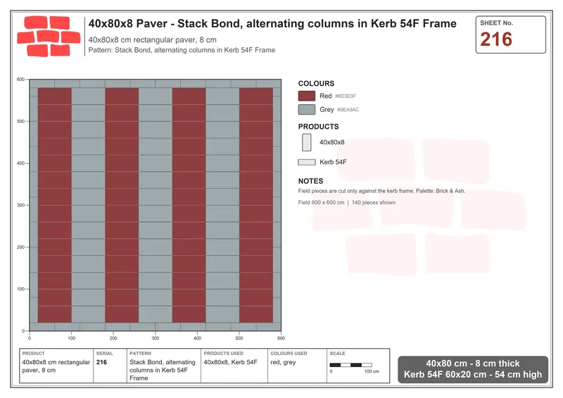 Interlock (Pasco) 40x80 cm · RC48-216 · Stack Bond, alternating columns in Kerb 54F Frame · Laying plan Interlock (Pasco) 40x80 cm · RC48-216 · Stack Bond, alternating columns in Kerb 54F Frame · Laying plan